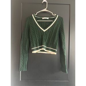 Altar'd State Forest Green V-Neck Sweater with White Trim
